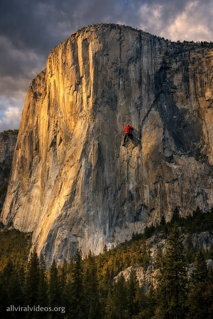 Climber on El Capitan at sunset