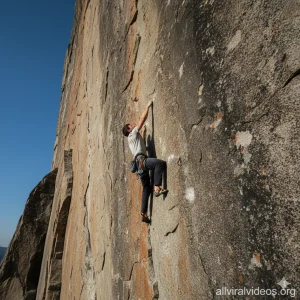 Professional Rock Climber on Vertical Wall