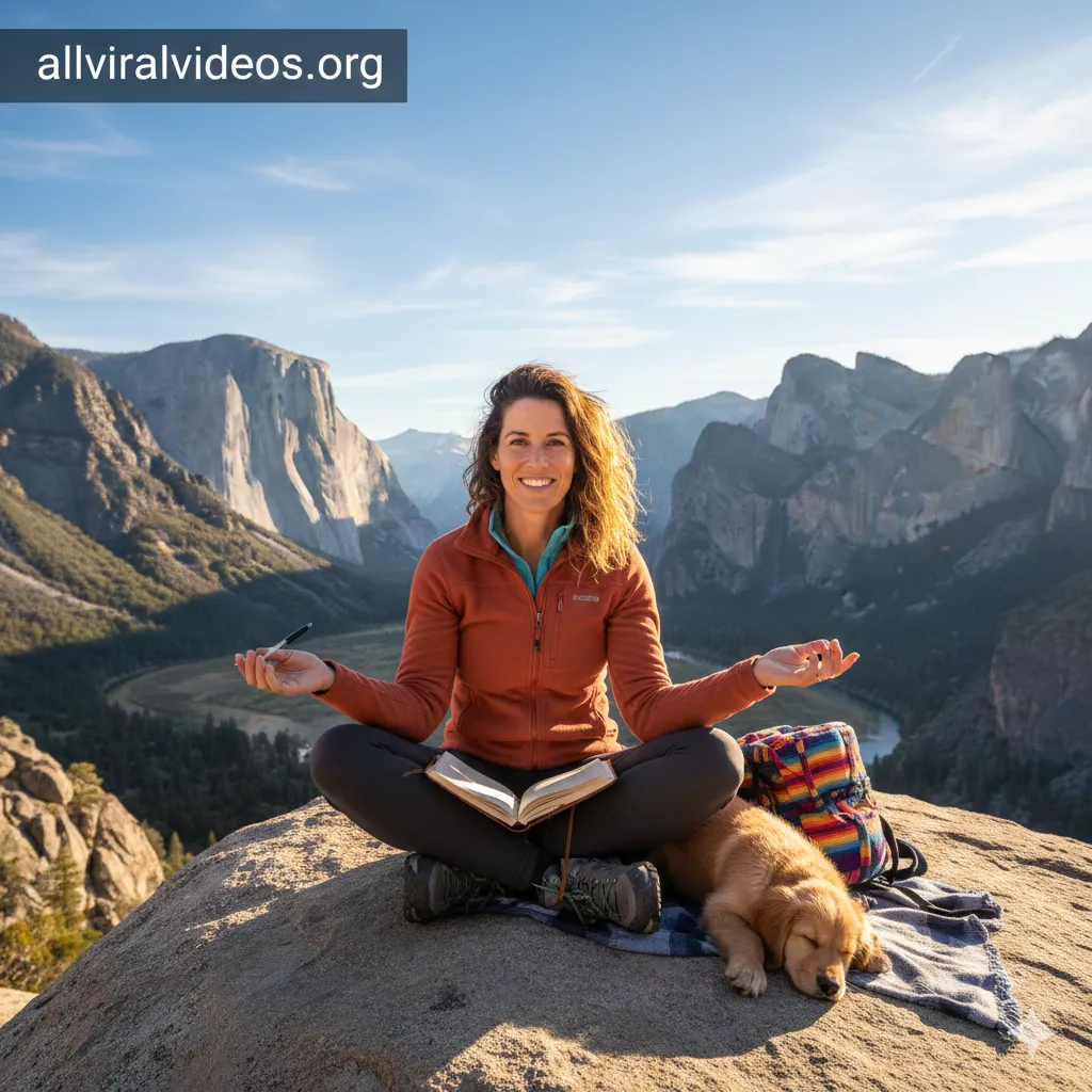 A professional blog banner featuring a woman in her mid-30s sitting in a meditative yoga pose on a mountain overlook. She is smiling warmly, holding a pen with a journal open on her lap. The background shows a stunning mountain valley at sunset with vibrant, natural lighting. In the upper left corner, the website branding 'allviralvideos.org' is visible
