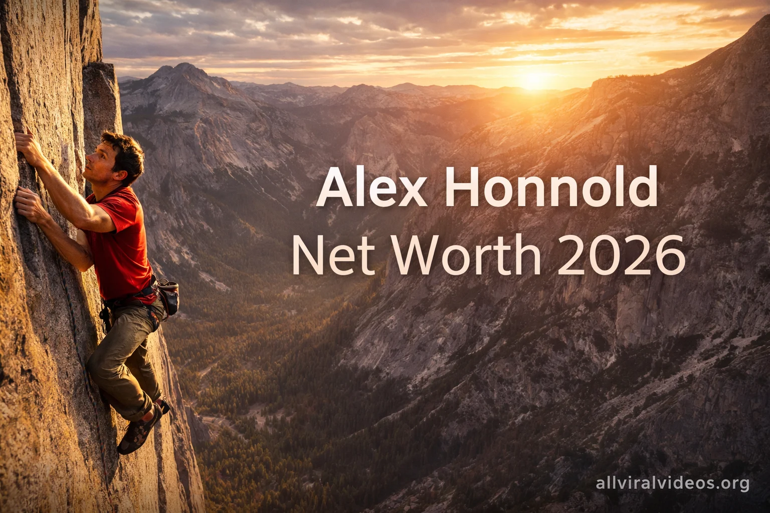 Alex Honnold free solo climbing a vertical rock wall at sunset, with mountains in the background, overlay text “Alex Honnold Net Worth 2026” and watermark “allviralvideos.org”.
