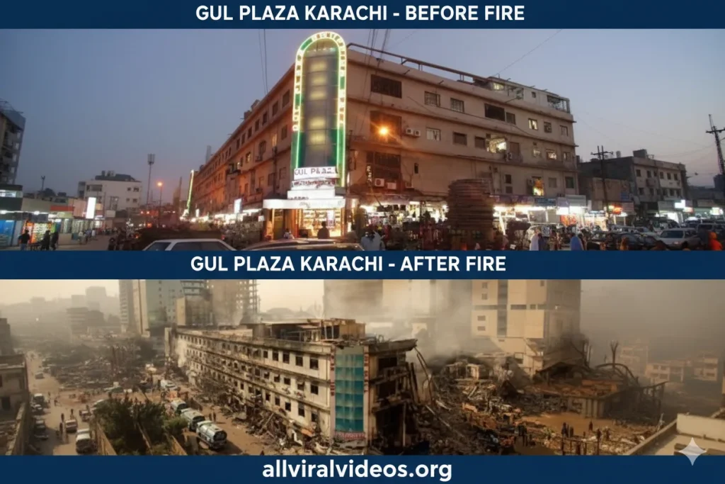 A split-screen comparison poster of Gul Plaza in Karachi. The top section shows the shopping mall at night before the fire, illuminated with bright lights. The bottom section shows the devastating aftermath of the fire, with smoke rising from the charred remains of the building. The website "allviralvideos.org" is displayed at the bottom.