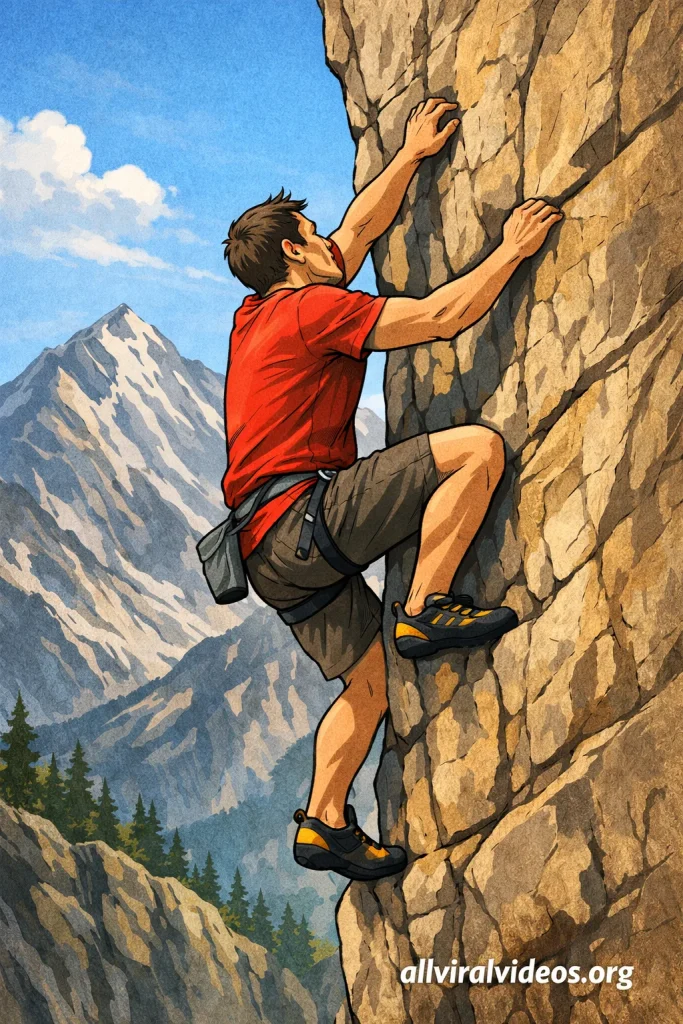 Illustration showing free solo climbing without safety gear.